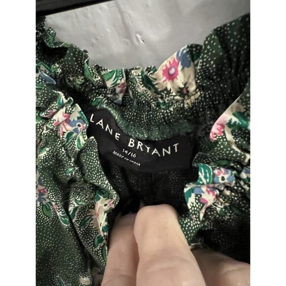 Lane Bryant Green Floral Button Up Balloon Waist Top Sz 14/16 Cropped Boho - Picture 4 of 7